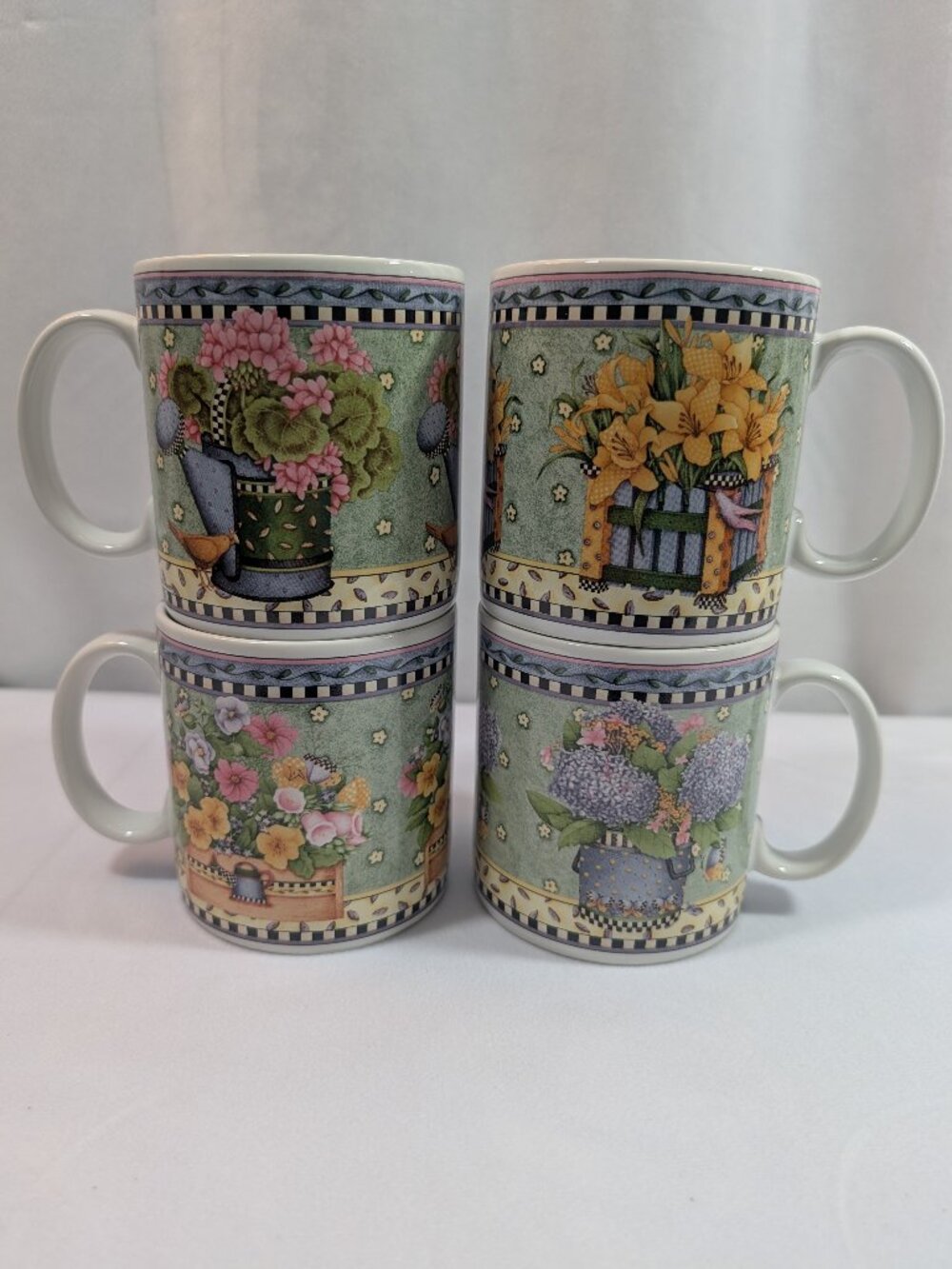 Vintage Sakura Debbie Mumm Spring Bouquet Mugs Set of 4 1999